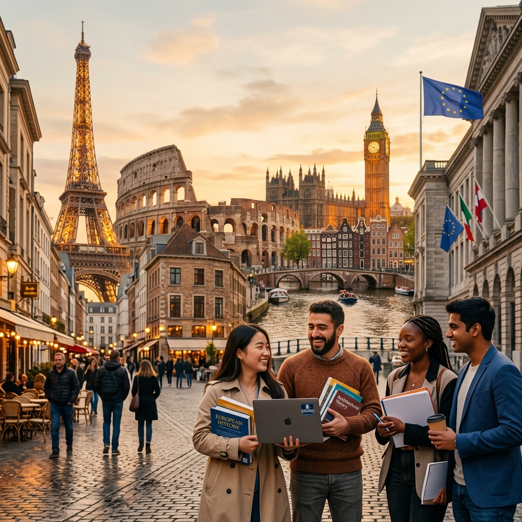 Happy couple studying abroad