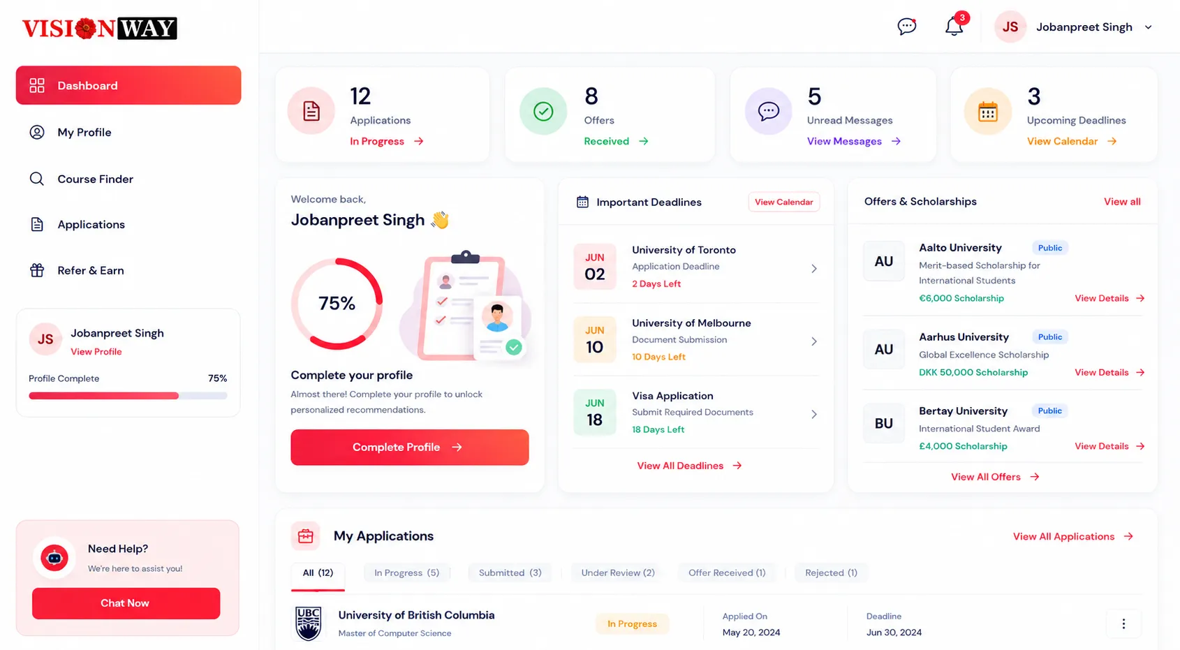 VisionWay Student Portal Dashboard